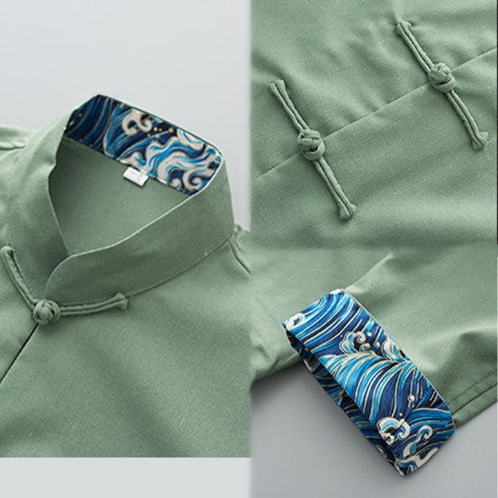 Camisa de lino y algodón para hombre, de manga larga, con botones de rana y bordado de ondas sólidas con Buddha Stones - image 7