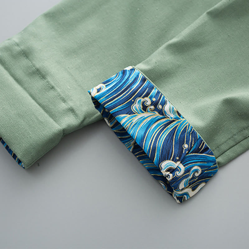 Camisa de lino y algodón para hombre, de manga larga, con botones de rana y bordado de ondas sólidas con Buddha Stones - image 5