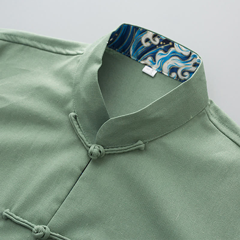 Camisa de lino y algodón para hombre, de manga larga, con botones de rana y bordado de ondas sólidas con Buddha Stones - image 1