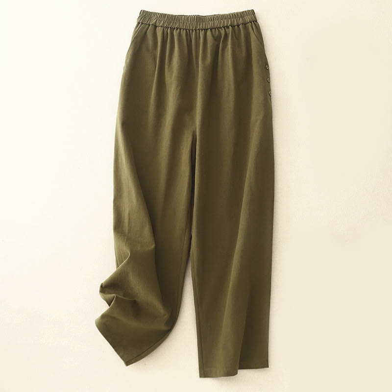 Pantalones casuales de algodón y poliéster con botones a presión y bolsillos para mujer de Buddha Stones - Aceituna - US8-10，UK/AU12-14，EU40-42 (2XL) - image 5