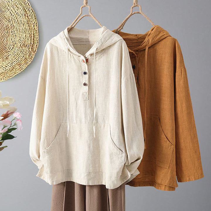 Sudadera con capucha de algodón de manga larga con botones lisos y bolsillos para mujer de Buddha Stones - image 12