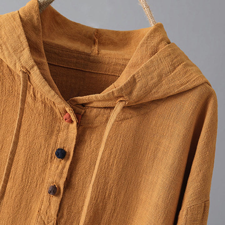 Sudadera con capucha de algodón de manga larga con botones lisos y bolsillos para mujer de Buddha Stones - image 10