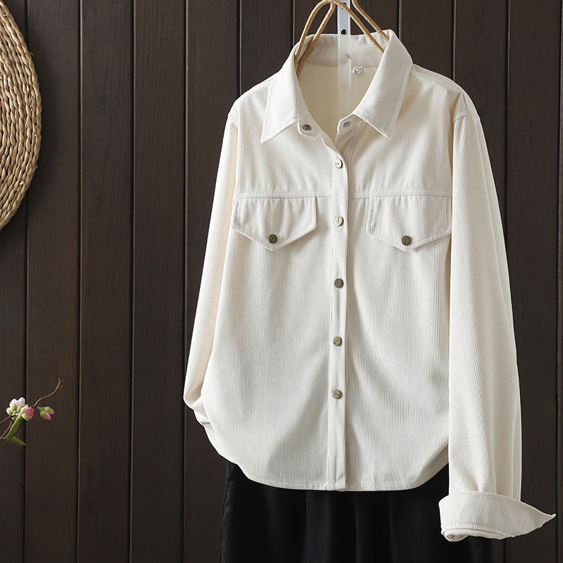 Camisa de manga larga para mujer de pana de algodón con botones lisos Buddha Stones Commute - FloralBlanco - US8-10，UK/AU12-14，EU40-42 (2XL) - image 7