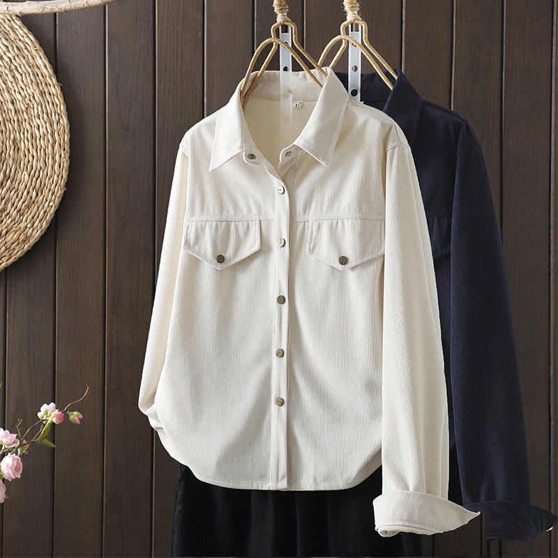 Camisa de manga larga para mujer de pana de algodón con botones lisos Buddha Stones Commute - image 17