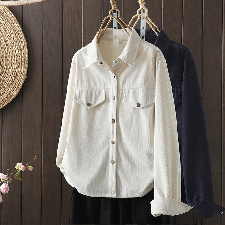 Camisa de manga larga para mujer de pana de algodón con botones lisos Buddha Stones Commute - image 17