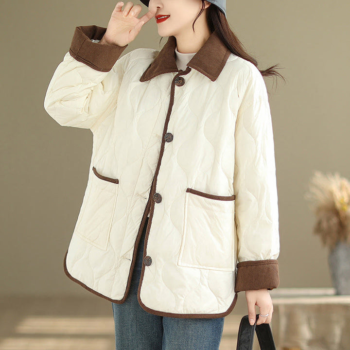 Chaqueta de algodón de manga larga para mujer con solapas de colores contrastantes y bolsillos con Buddha Stones - image 2