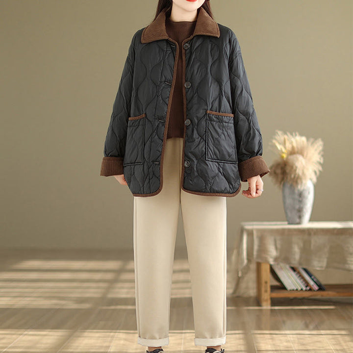 Chaqueta de algodón de manga larga para mujer con solapas de colores contrastantes y bolsillos con Buddha Stones - image 10
