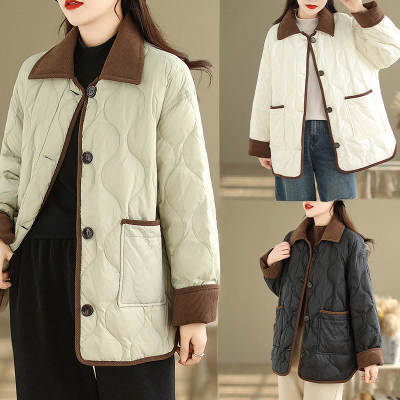 Chaqueta de algodón de manga larga para mujer con solapas de colores contrastantes y bolsillos con Buddha Stones - image 24