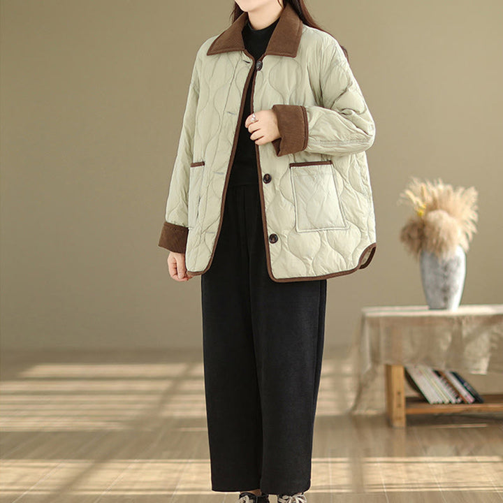 Chaqueta de algodón de manga larga para mujer con solapas de colores contrastantes y bolsillos con Buddha Stones - image 18