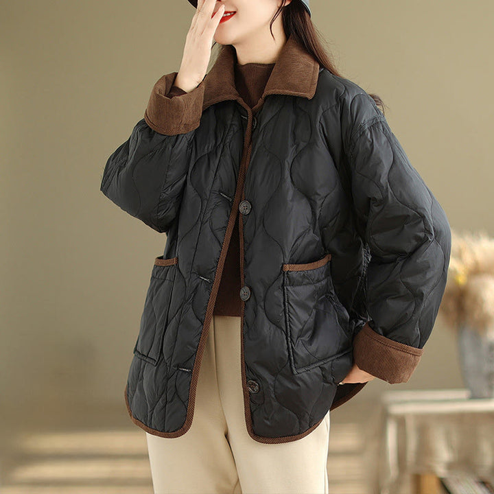 Chaqueta de algodón de manga larga para mujer con solapas de colores contrastantes y bolsillos con Buddha Stones - Negro - US14，UK/AU18，EU46 (2XL) - image 5