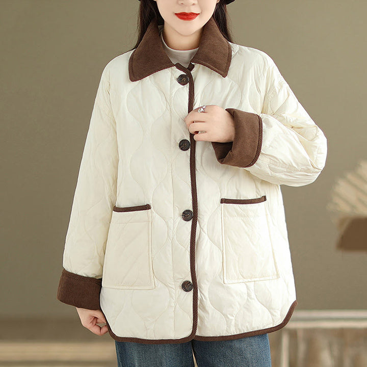 Chaqueta de algodón de manga larga para mujer con solapas de colores contrastantes y bolsillos con Buddha Stones - FloralBlanco - US14，UK/AU18，EU46 (2XL) - image 0