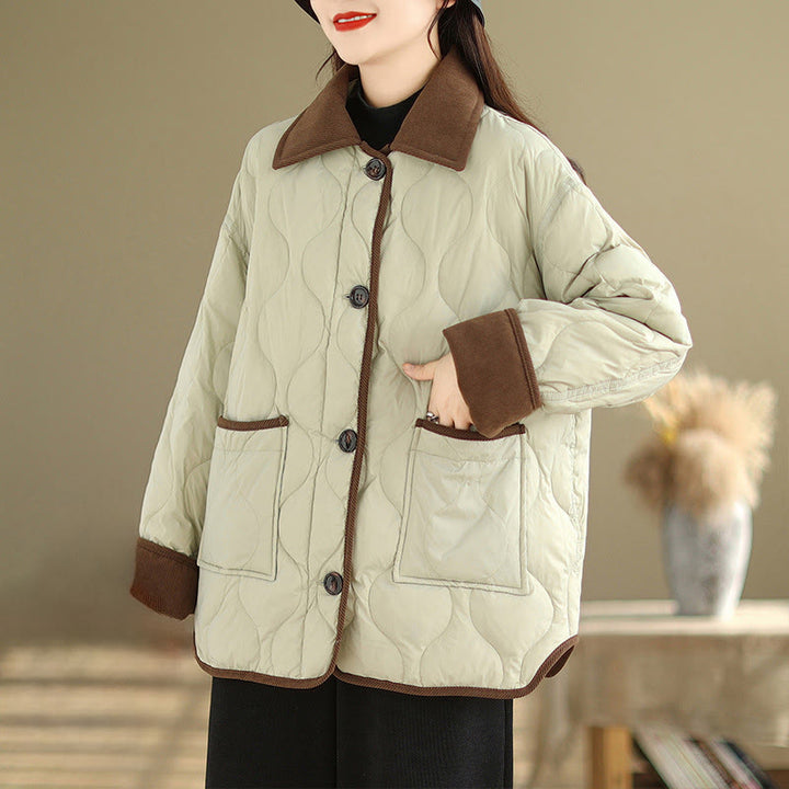 Chaqueta de algodón de manga larga para mujer con solapas de colores contrastantes y bolsillos con Buddha Stones - image 16