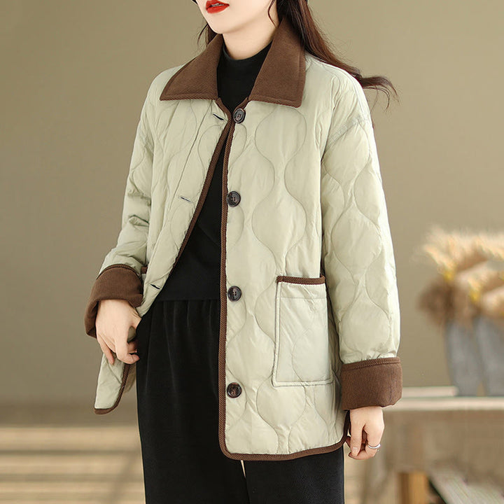 Chaqueta de algodón de manga larga para mujer con solapas de colores contrastantes y bolsillos con Buddha Stones - image 17