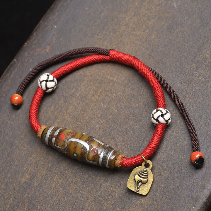 Pulsera de cuerda protectora con cuentas Dzi tibetanas de nueve ojos, hecha a mano con Buddha Stones - Cuerda roja y cuenta Dzi de nueve ojos (circunferencia de la muñeca: 16-20 cm) - image 5