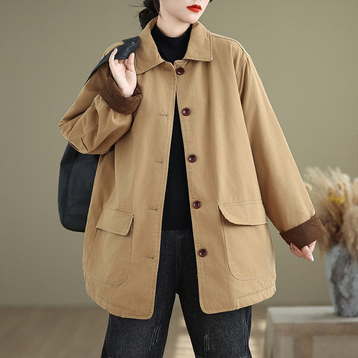 Chaqueta acolchada de algodón de manga larga para mujer con diseño de Buddha Stones y botones de solapa lisos con bolsillos - Mocasín - US12，UK/AU16，EU44 (XL) - image 0
