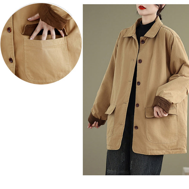 Chaqueta acolchada de algodón de manga larga para mujer con diseño de Buddha Stones y botones de solapa lisos con bolsillos - image 10