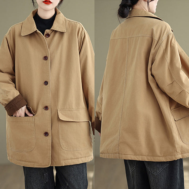 Chaqueta acolchada de algodón de manga larga para mujer con diseño de Buddha Stones y botones de solapa lisos con bolsillos - image 3