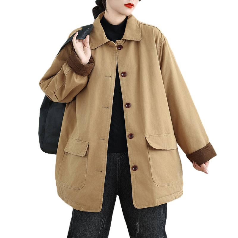 Chaqueta acolchada de algodón de manga larga para mujer con diseño de Buddha Stones y botones de solapa lisos con bolsillos - image 11