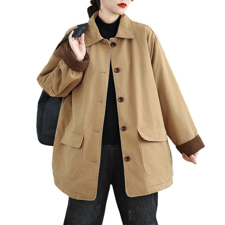 Chaqueta acolchada de algodón de manga larga para mujer con diseño de Buddha Stones y botones de solapa lisos con bolsillos - image 11