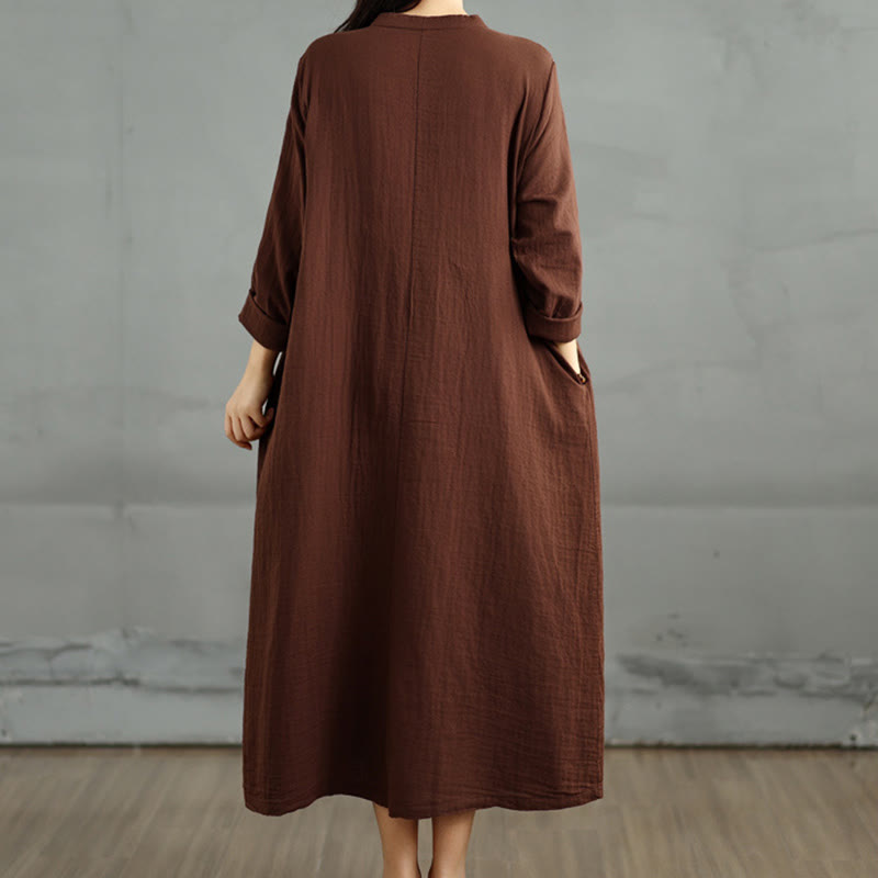 Vestido midi de algodón de doble capa con cuello entallado, manga larga y bolsillos, diseño Buddha Stones - image 5