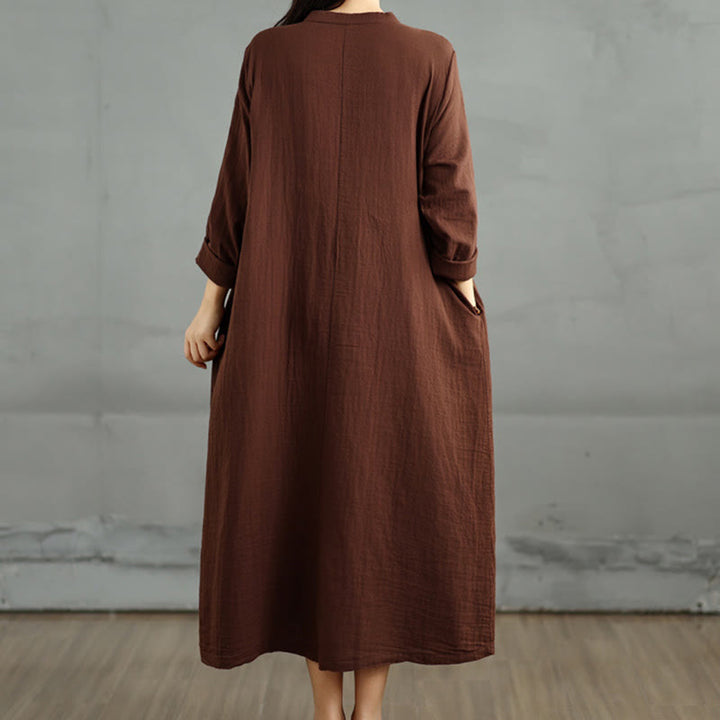 Vestido midi de algodón de doble capa con cuello entallado, manga larga y bolsillos, diseño Buddha Stones - image 5