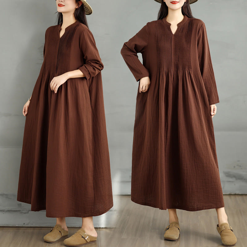 Vestido midi de algodón de doble capa con cuello entallado, manga larga y bolsillos, diseño Buddha Stones - SaddleBrown - US4-8/10, UK/AU8-12/14, UE36-40/42(F) - image 0