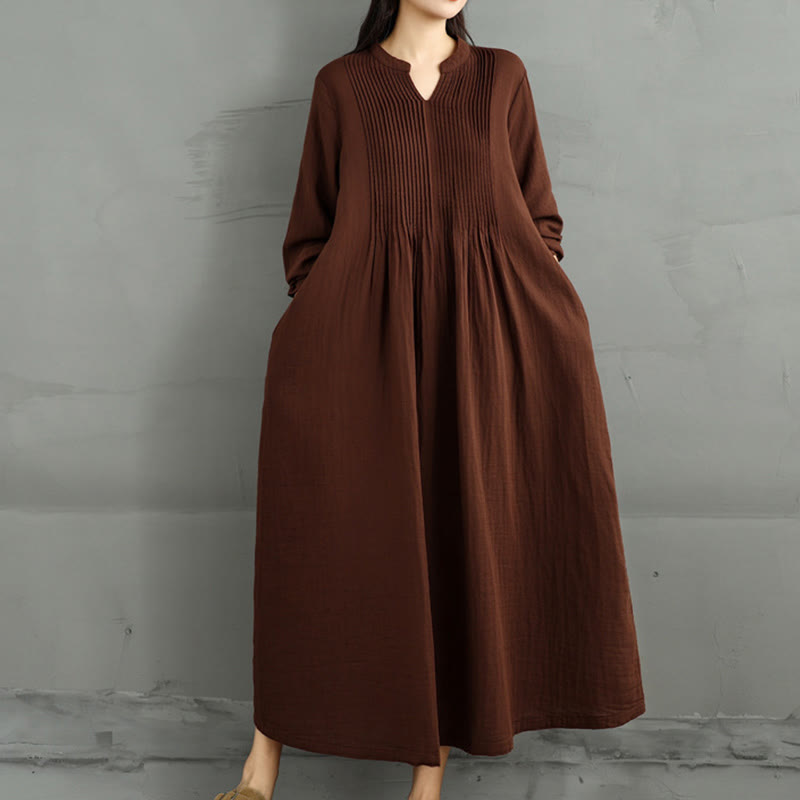 Vestido midi de algodón de doble capa con cuello entallado, manga larga y bolsillos, diseño Buddha Stones - image 4