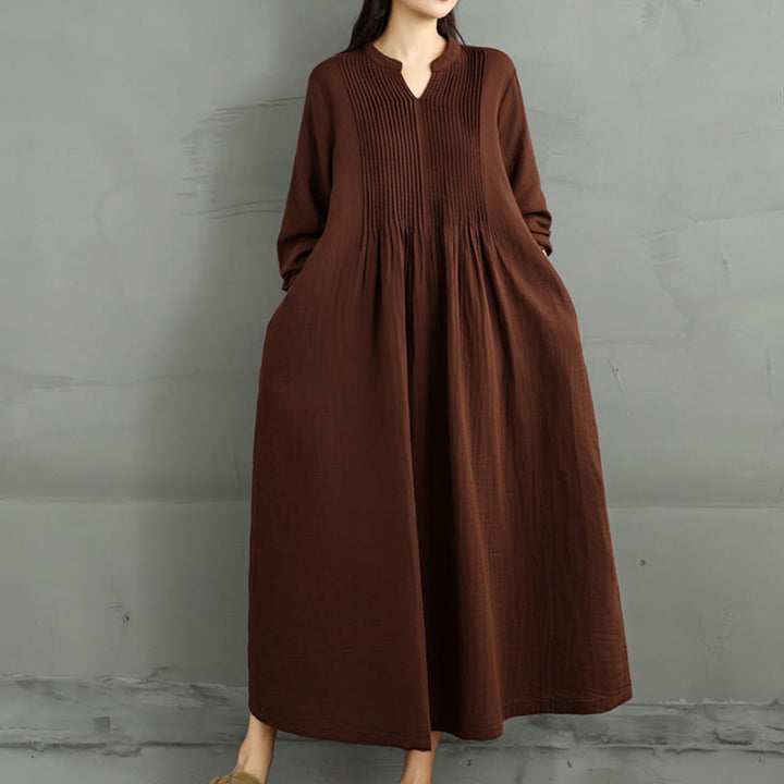 Vestido midi de algodón de doble capa con cuello entallado, manga larga y bolsillos, diseño Buddha Stones - image 4