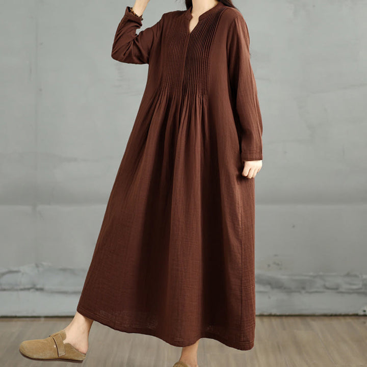 Vestido midi de algodón de doble capa con cuello entallado, manga larga y bolsillos, diseño Buddha Stones - image 3