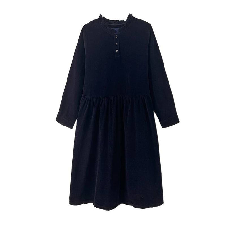 Vestido midi de pana de algodón, manga larga, cuello redondo, volantes y bolsillos con diseño de Buddha Stones y cordones - image 12