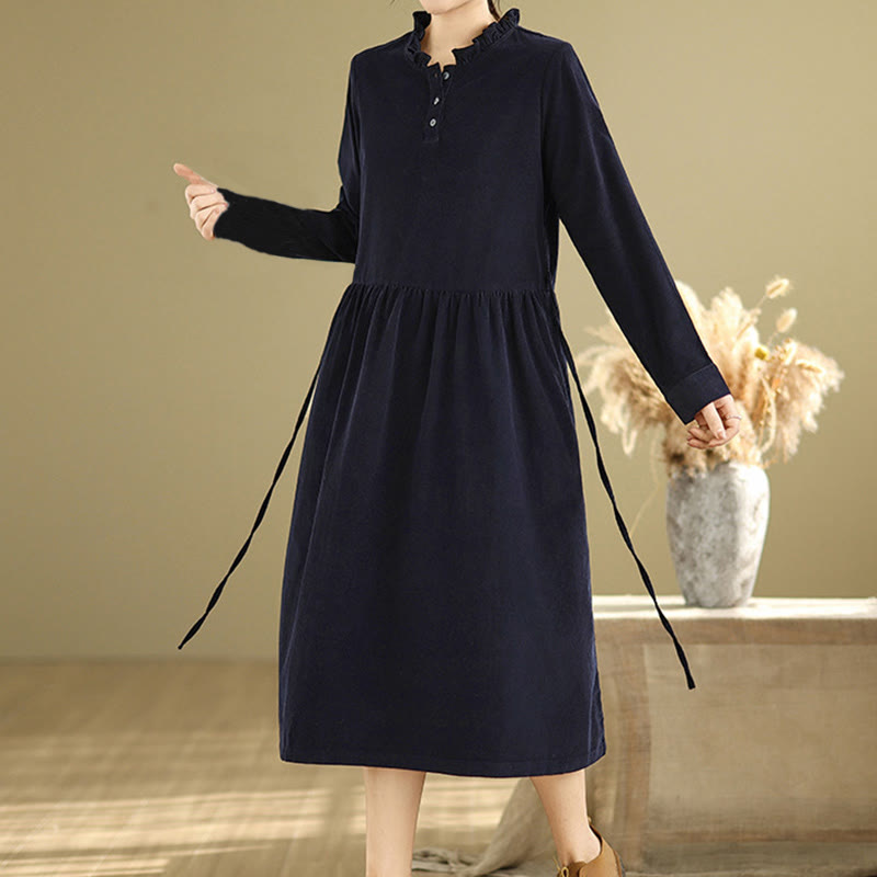 Vestido midi de pana de algodón, manga larga, cuello redondo, volantes y bolsillos con diseño de Buddha Stones y cordones - Azul medianoche - US12, UK/AU16, EU44 (2XL) - image 0