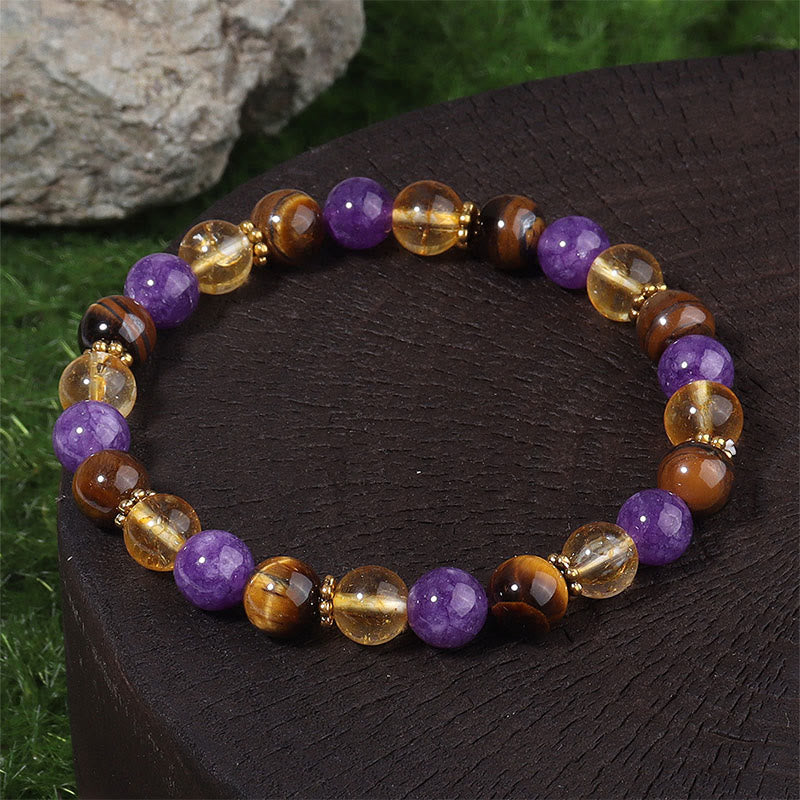 Pulsera curativa con cuentas espaciadoras de amatista, ojo de tigre y citrino de Buddha Stones - Amatista, ojo de tigre y citrino (circunferencia de la muñeca: 19-22 cm) - image 0
