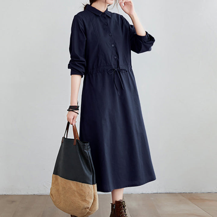 Vestido midi de algodón de manga larga con solapa, bolsillos y diseño de Buddha Stones Fall en color liso con cordones - image 2