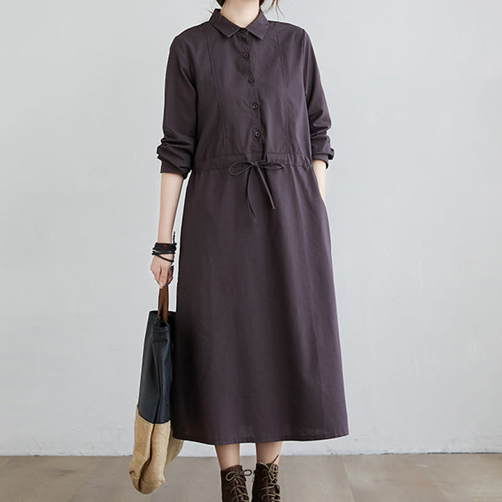 Vestido midi de algodón de manga larga con solapa, bolsillos y diseño de Buddha Stones Fall en color liso con cordones - image 8