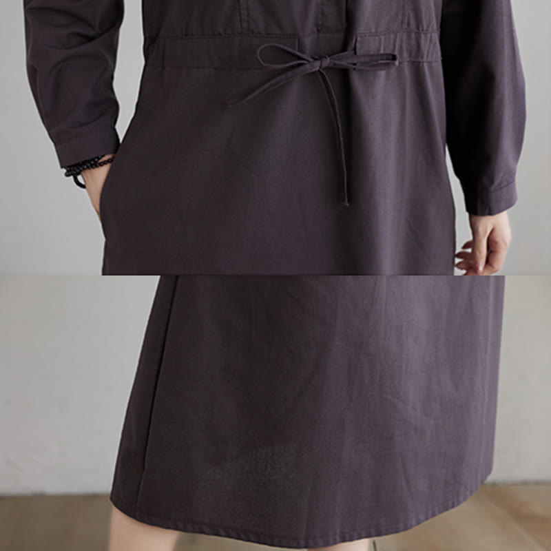 Vestido midi de algodón de manga larga con solapa, bolsillos y diseño de Buddha Stones Fall en color liso con cordones - image 17