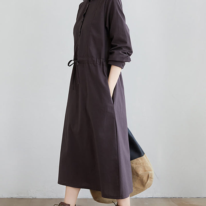 Vestido midi de algodón de manga larga con solapa, bolsillos y diseño de Buddha Stones Fall en color liso con cordones - image 11