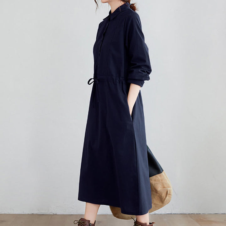 Vestido midi de algodón de manga larga con solapa, bolsillos y diseño de Buddha Stones Fall en color liso con cordones - image 3