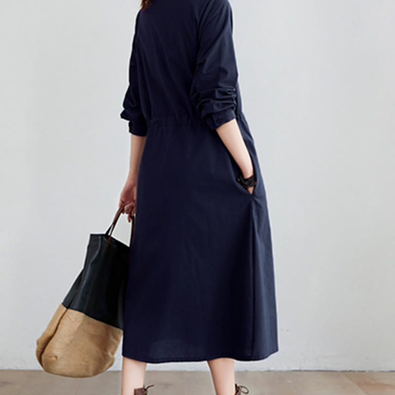 Vestido midi de algodón de manga larga con solapa, bolsillos y diseño de Buddha Stones Fall en color liso con cordones - image 4