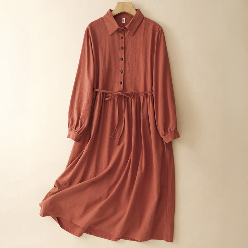 Vestido midi de algodón de manga larga con bolsillos, solapas con botones y cordones, con estampado de Buddha Stones - NaranjaRojo - US14，UK/AU18，EU46 (2XL) - image 0