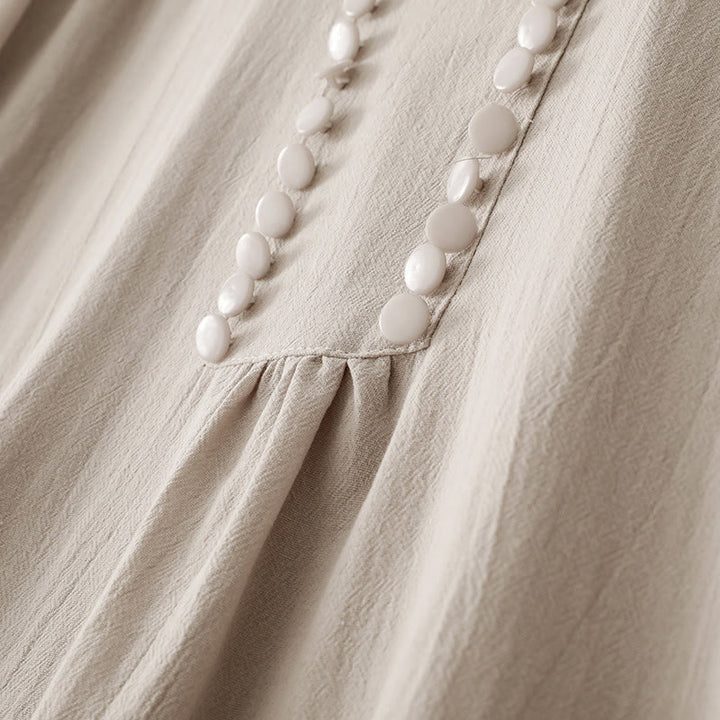 Vestido midi de algodón con cuello alto, manga larga y botones cruzados en color puro con Buddha Stones - image 4