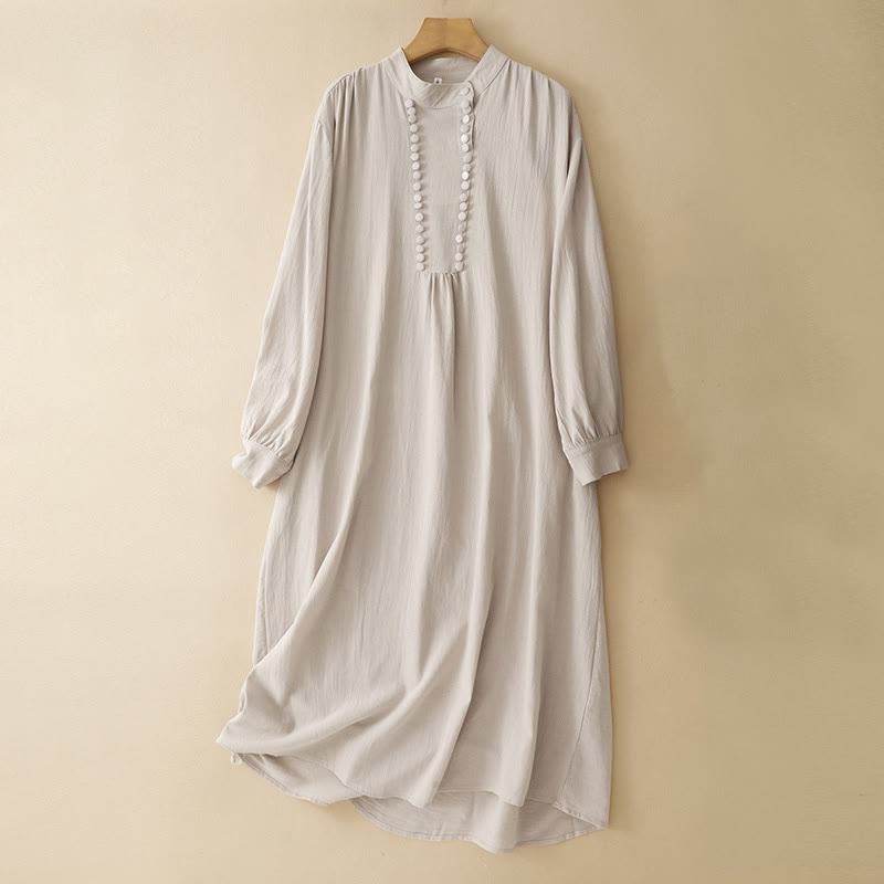 Vestido midi de algodón con cuello alto, manga larga y botones cruzados en color puro con Buddha Stones - Blanco antiguo - US14，UK/AU18，EU46 (2XL) - image 0