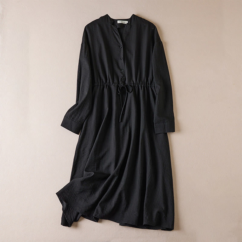 Vestido midi de algodón con cuello entallado, manga larga y bolsillos, color puro, con Buddha Stones - Negro - US8-10，UK/AU12-14，EU40-42 (2XL) - image 0