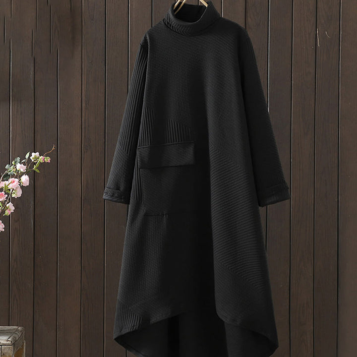 Vestido midi de algodón con cuello alto, manga larga y bolsillo, diseño irregular en color puro con Buddha Stones - Negro - US8-10，UK/AU12-14，EU40-42 (2XL) - image 0