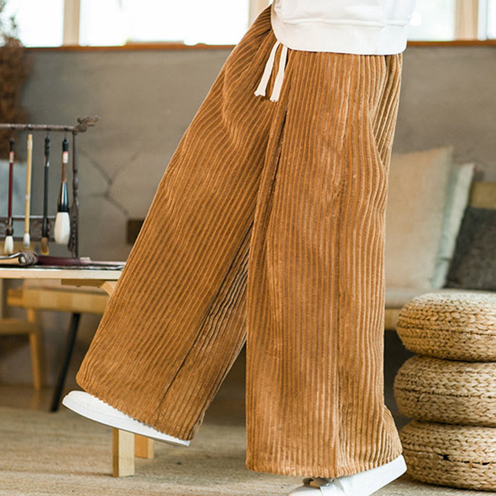 Pantalones de pana de algodón con pernera ancha y bolsillos para hombre, estilo Buddha Stones Commute, con cordón ajustable - image 9
