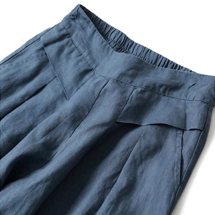 Pantalones de lino y algodón de color liso con cintura alta y pierna ancha y bolsillos con Buddha Stones - image 6