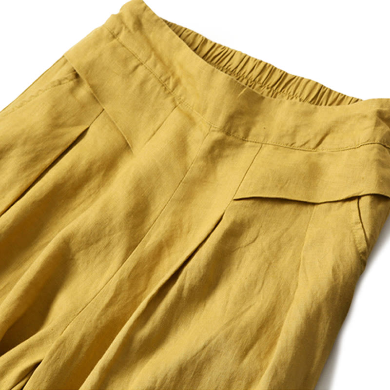Pantalones de lino y algodón de color liso con cintura alta y pierna ancha y bolsillos con Buddha Stones - image 1