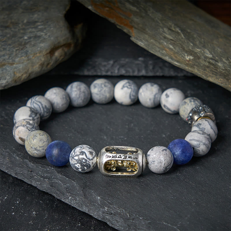 Buddha Stones con jaspe gris natural y sodalita, Om Mani Padme Hum, con cara de Buda curativa - image 1