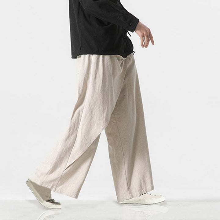 Pantalones de algodón lisos para hombre con diseño asimétrico y parches de Buddha Stones y bolsillos - image 24
