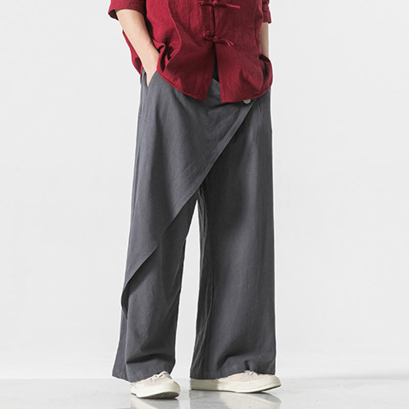 Pantalones de algodón lisos para hombre con diseño asimétrico y parches de Buddha Stones y bolsillos - image 7
