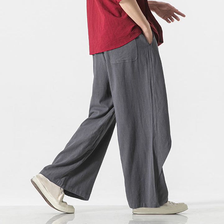Pantalones de algodón lisos para hombre con diseño asimétrico y parches de Buddha Stones y bolsillos - image 4